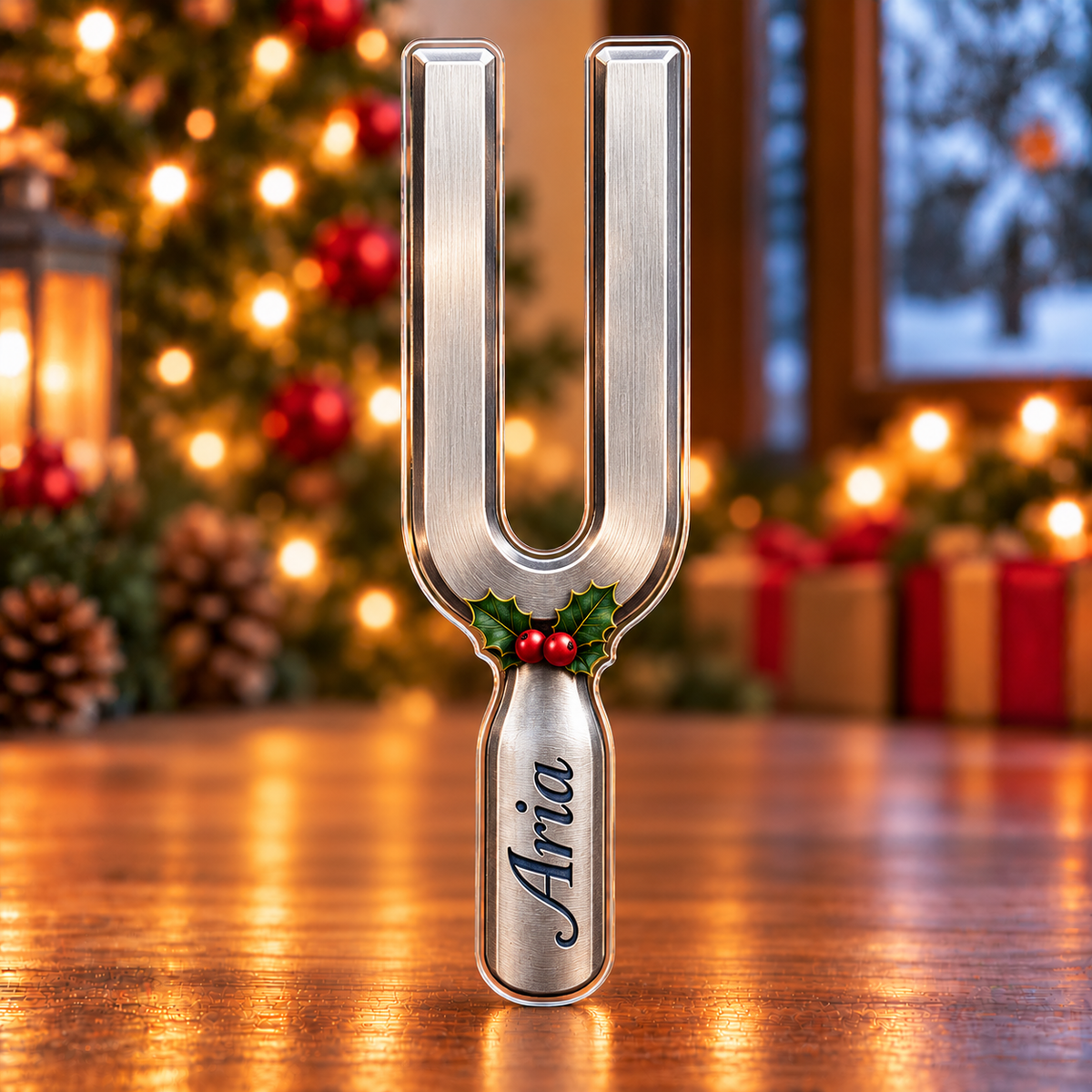 Front-view digital preview of a Christmas tuning fork clear note acrylic plaque with example name Aria integrated into the lower fork handle