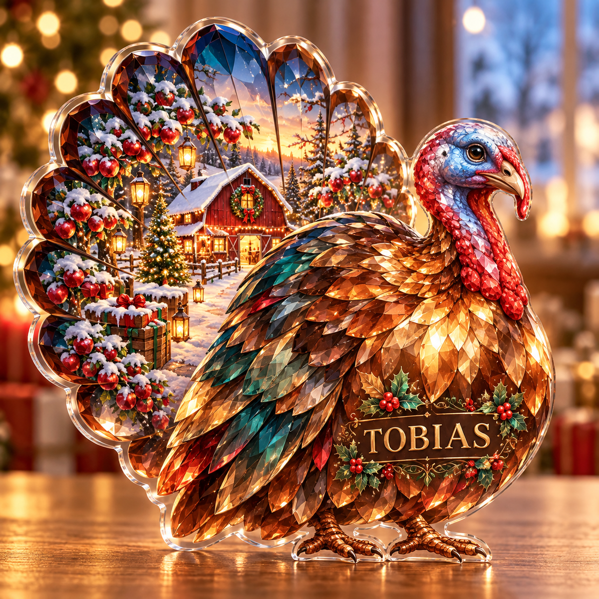 Front-view digital preview of a Christmas turkey amber orchardbarn acrylic plaque with example name TOBIAS integrated into the lower breast feather facets