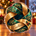 Front-view digital preview of a Christmas twisted ribbon endless acrylic plaque with example name Endless integrated into the front ribbon fold name engraving