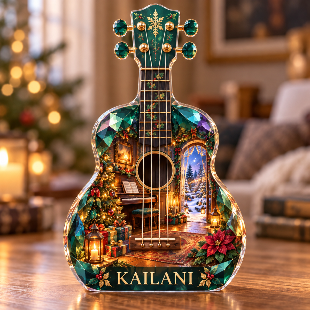 Front-view digital preview of a Christmas ukulele emerald carolroom acrylic plaque with example name KAILANI integrated into the lower body facet trim