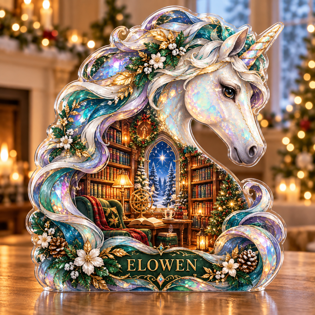 Front-view digital preview of a Christmas unicorn opal starlibrary acrylic plaque with example name Elowen integrated into the lower intrinsic unicorn botanical detail