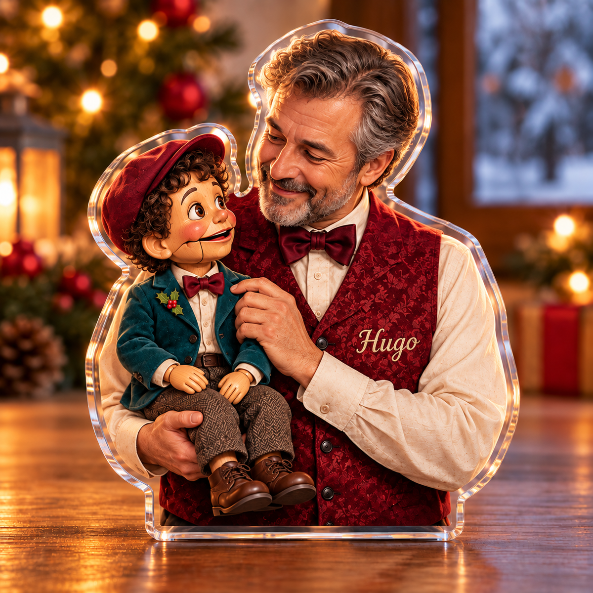 Front-view digital preview of a Christmas ventriloquist little partner acrylic plaque with example name Hugo integrated into the performer waistcoat front name embroidery