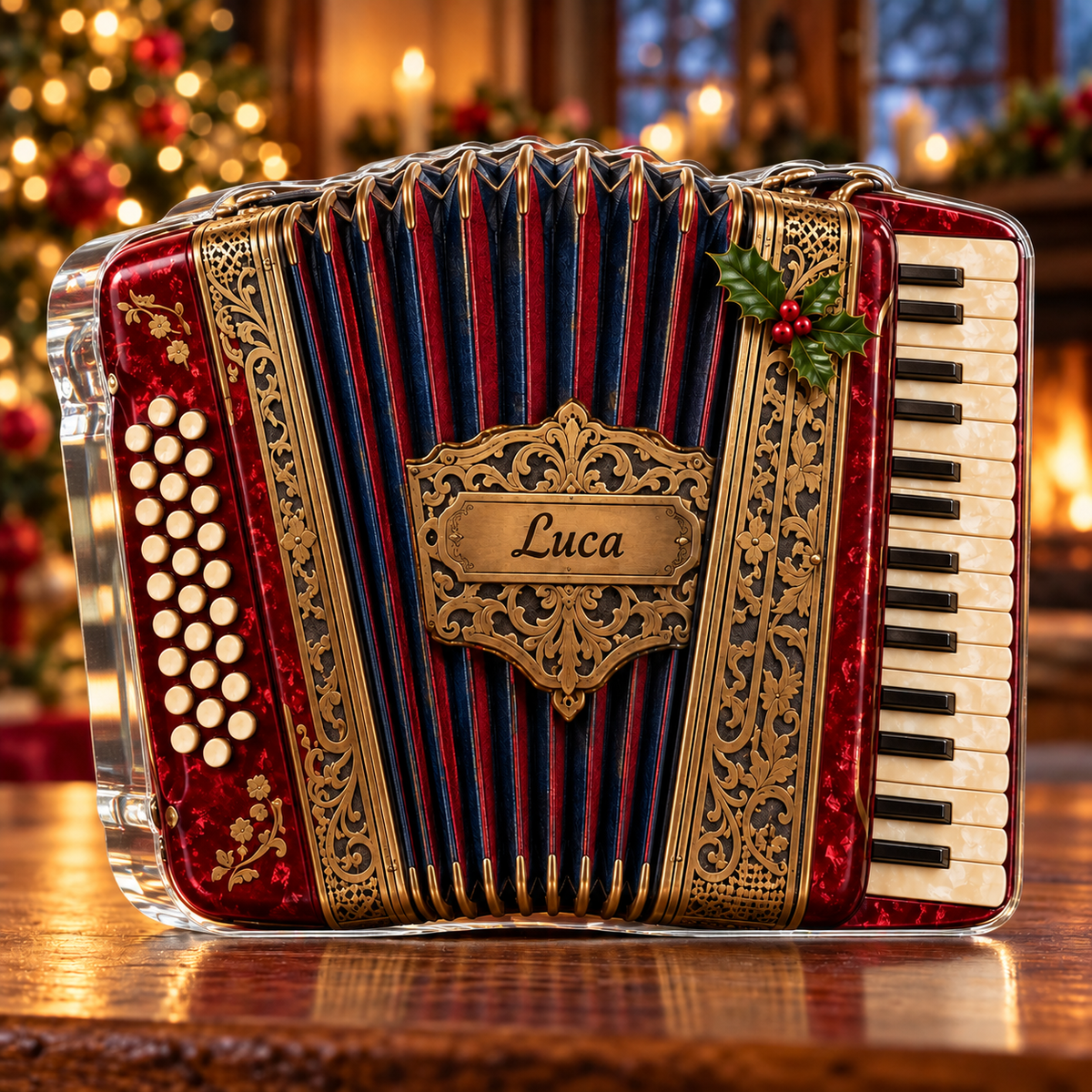 Front-view digital preview of a Christmas accordion carol acrylic plaque with example name Luca integrated into the illustrated accordion grille nameplate