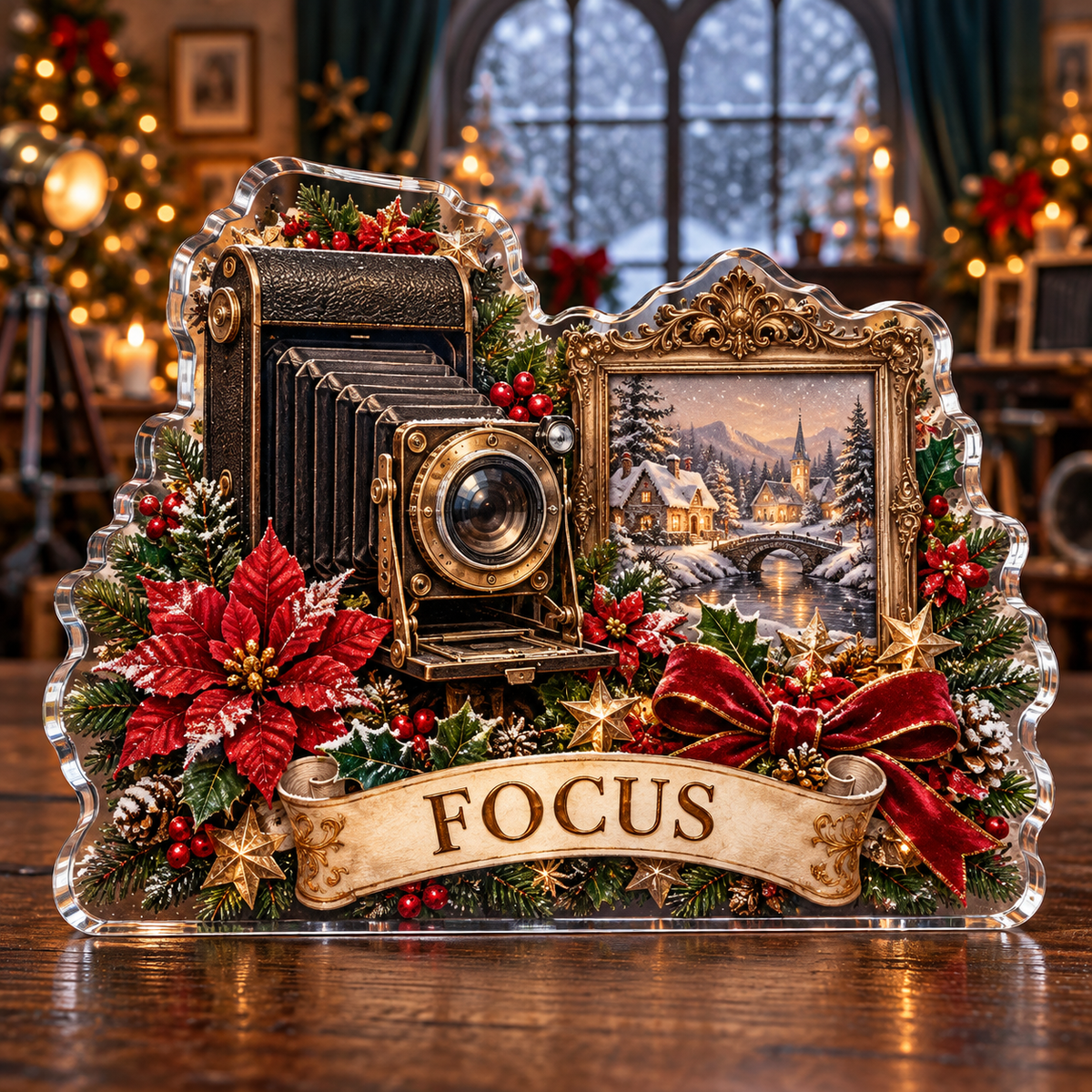 Front-view digital preview of a personalized Christmas vintage camera poinsettia acrylic plaque with example name FOCUS