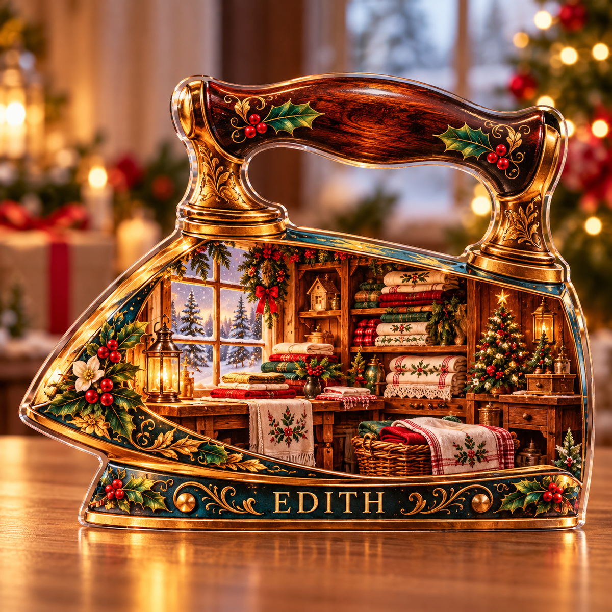 Front-view digital preview of a Christmas vintage iron amber laundry acrylic plaque with example name Edith integrated into the lower intrinsic iron sole detail