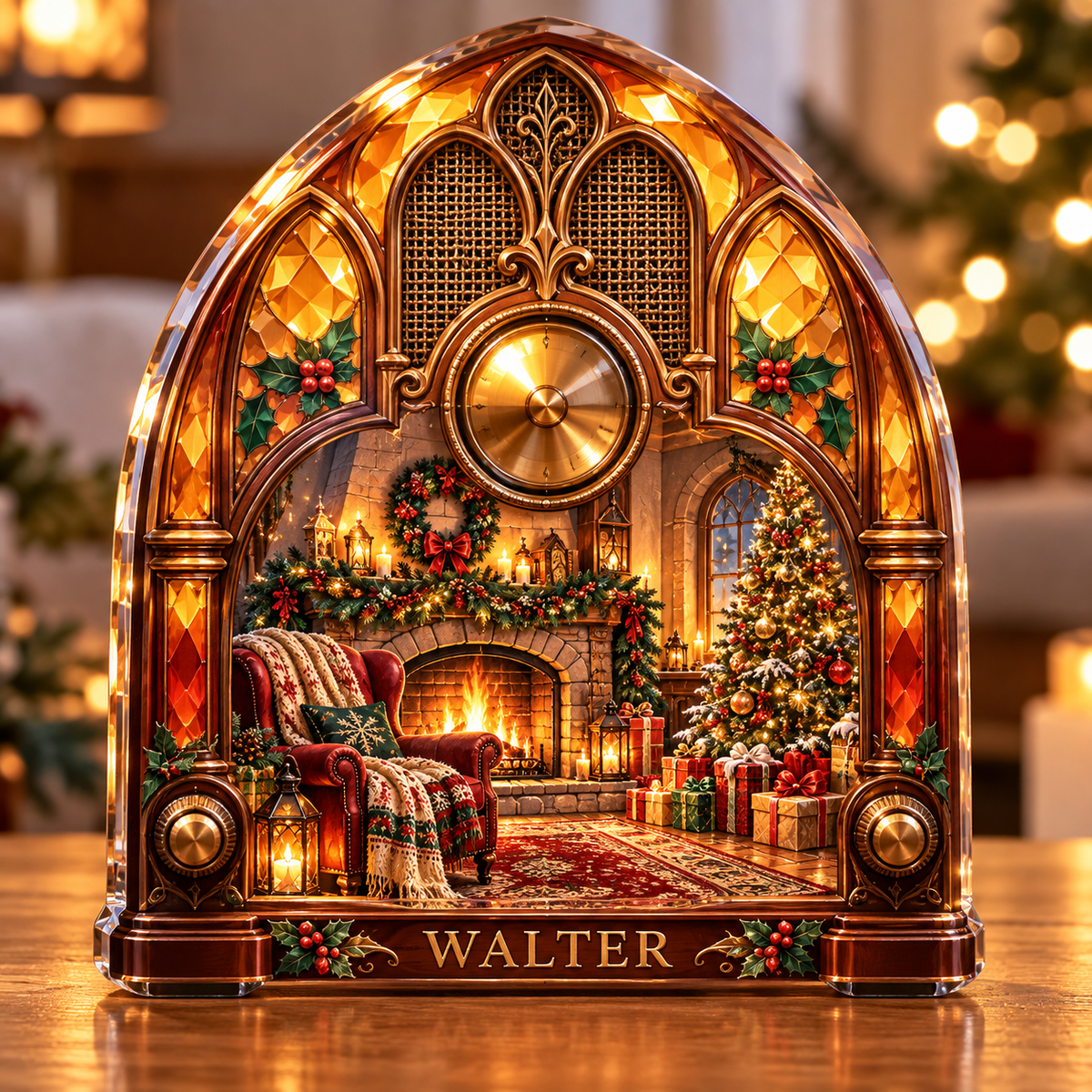Front-view digital preview of a Christmas vintage radio amber parlor acrylic plaque with example name WALTER integrated into the intrinsic lower radio cabinet trim