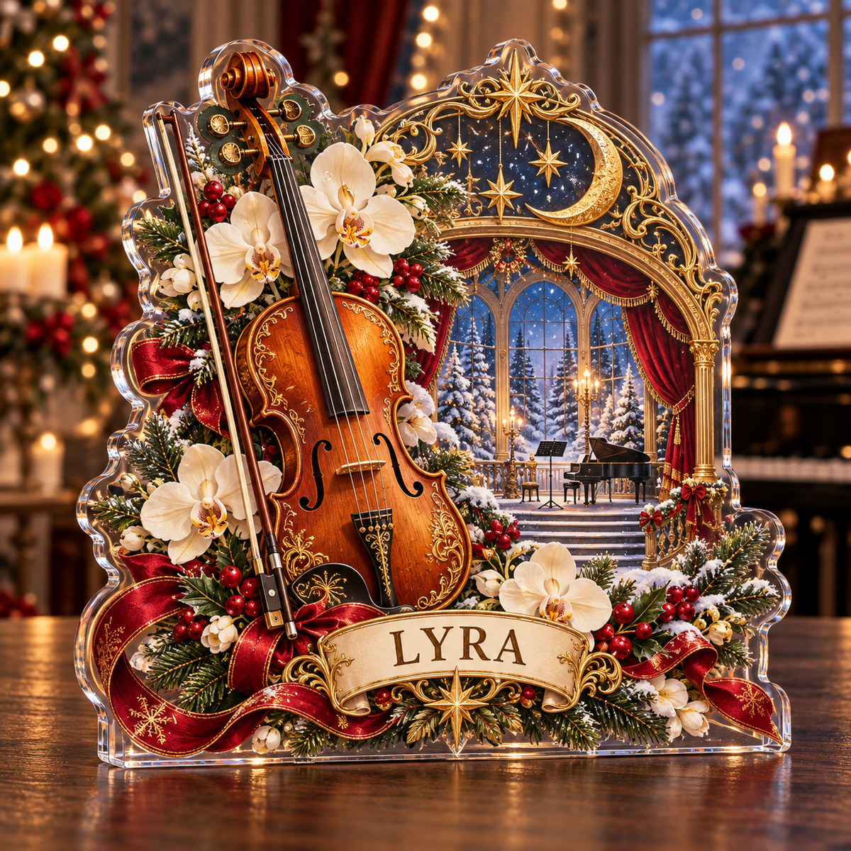 Front-view digital preview of a personalized Christmas viola orchid celestial acrylic plaque with example name LYRA
