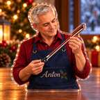 Front-view digital preview of a Christmas violin bow maker acrylic plaque with example name Anton integrated into the bow maker apron front name embroidery