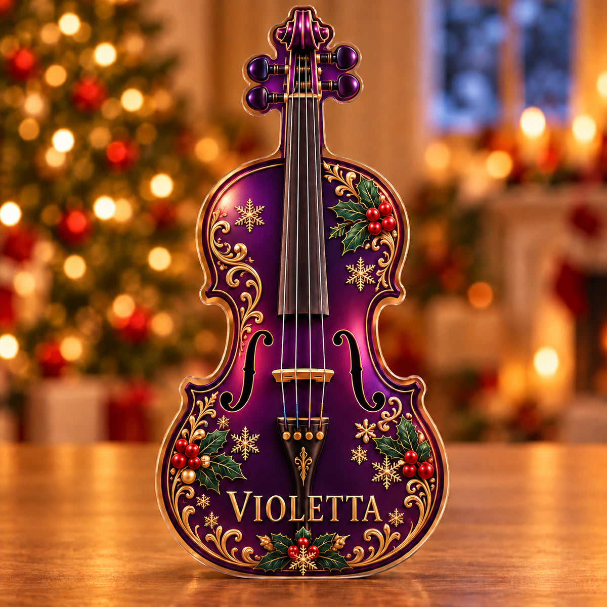 Front-view digital preview of a Christmas amethyst violin acrylic plaque with example name VIOLETTA integrated into the lowest intrinsic violin body facets