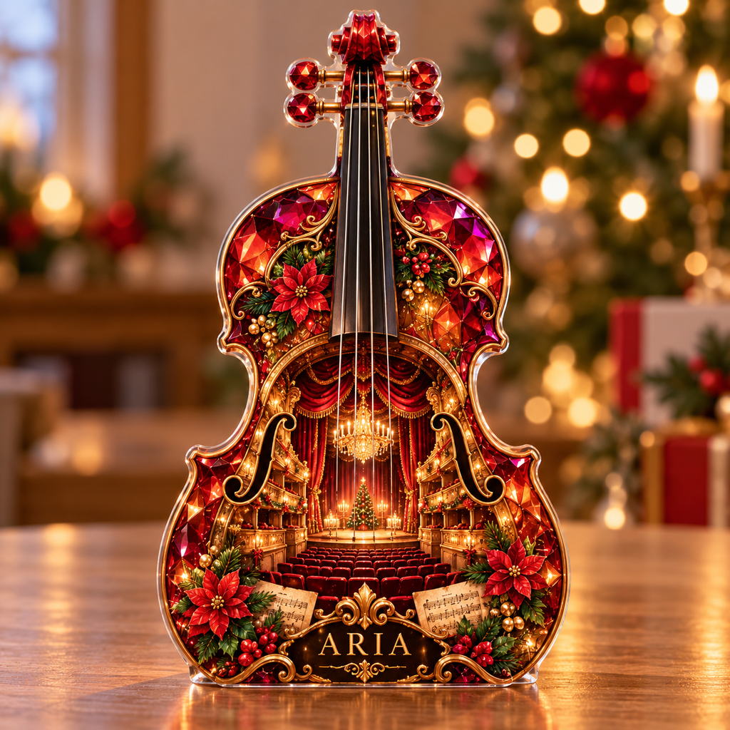 Front-view digital preview of a Christmas violin ruby opera acrylic plaque with example name Aria integrated into the lower violin floral detail