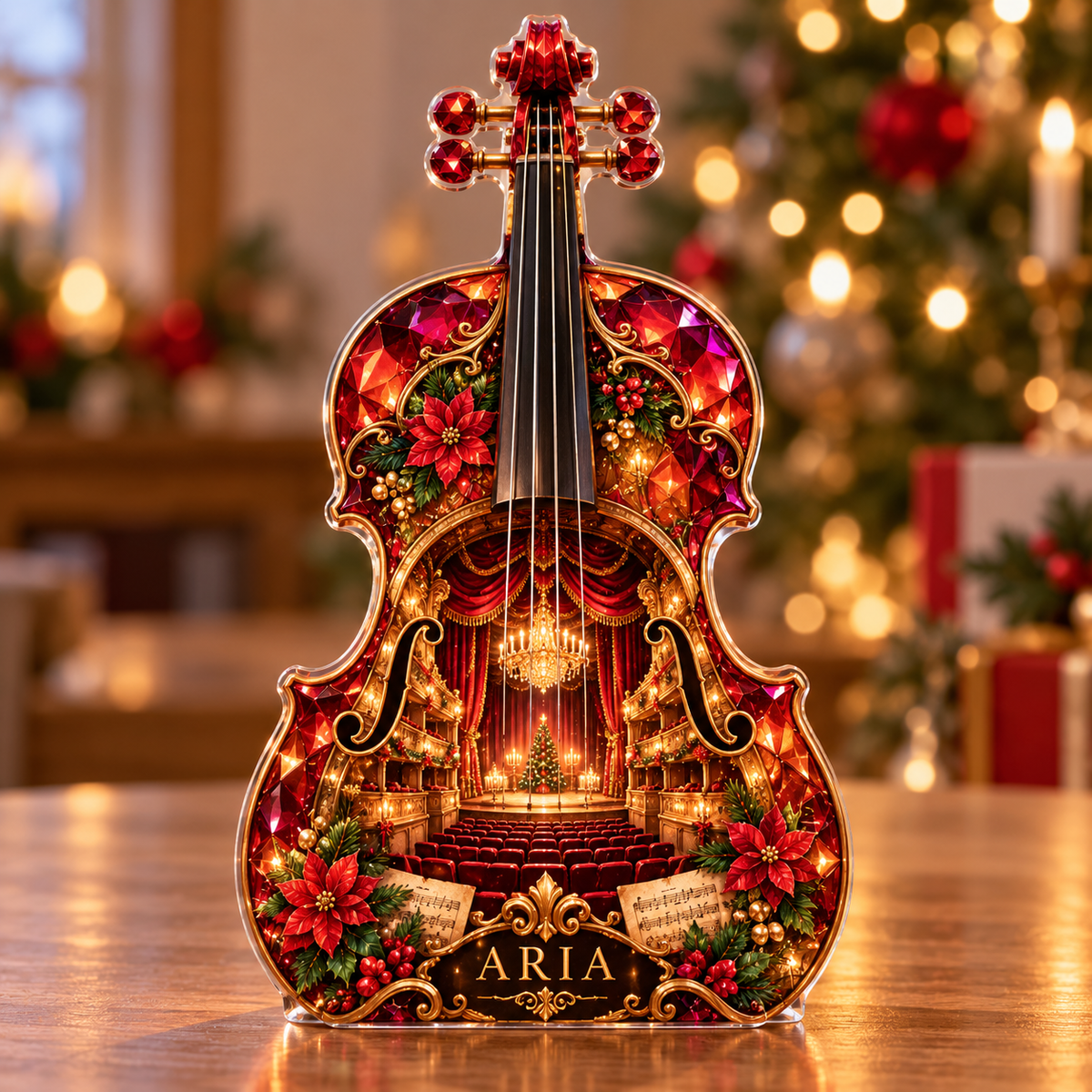 Front-view digital preview of a Christmas violin ruby opera acrylic plaque with example name Aria integrated into the lower violin floral detail