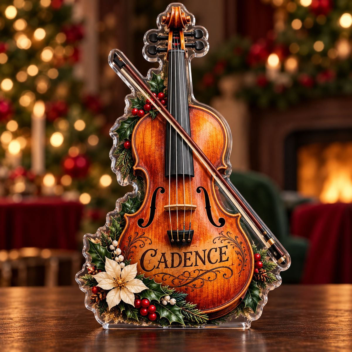 Frontal digital preview of a Christmas violin acrylic plaque with CADENCE integrated as printed engraved-look body lettering