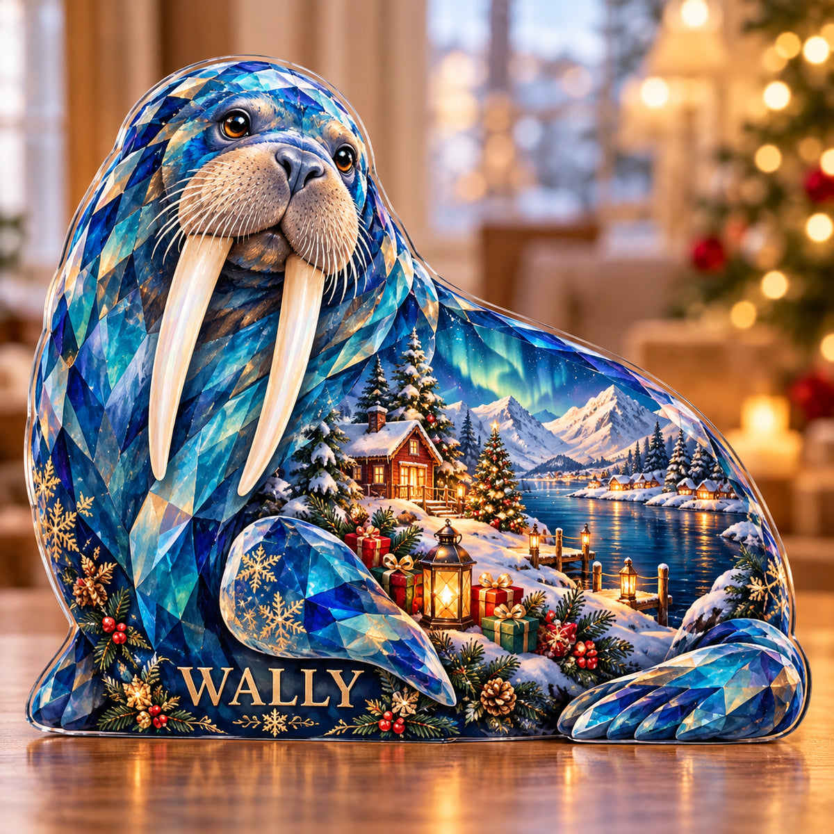 Front-view digital preview of a Christmas sapphire walrus acrylic plaque with example name WALLY integrated into the lowest intrinsic belly facets