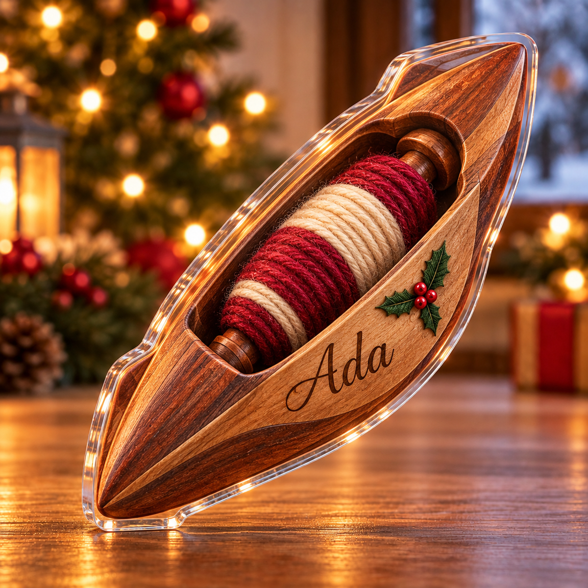 Front-view digital preview of a Christmas weaving shuttle wool acrylic plaque with example name Ada integrated into the illustrated shuttle wood flank