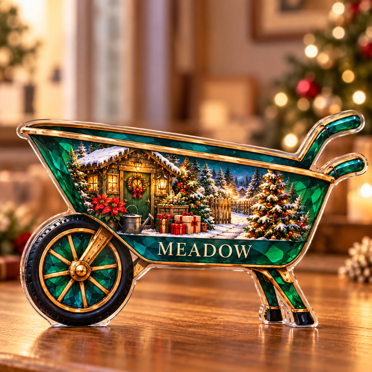 Front-view digital preview of a Christmas wheelbarrow emerald garden acrylic plaque with example name Meadow integrated into the lowest wheelbarrow tray side facets