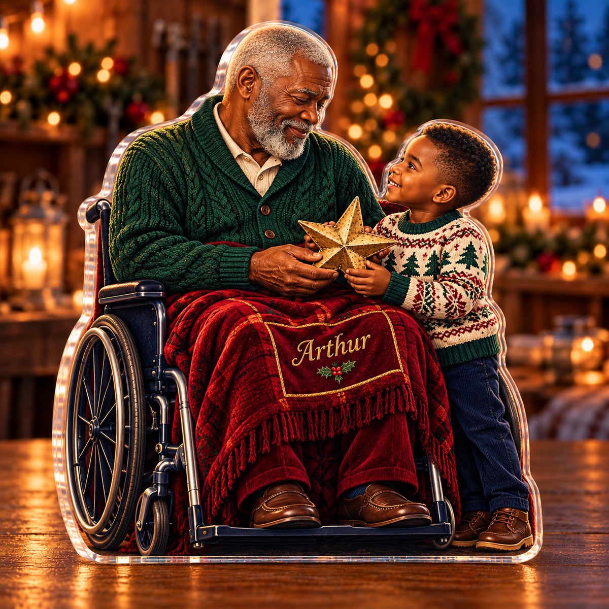 Front-view digital preview of a Christmas grandfather star gift acrylic plaque with example name Arthur integrated into the embroidered lap blanket panel
