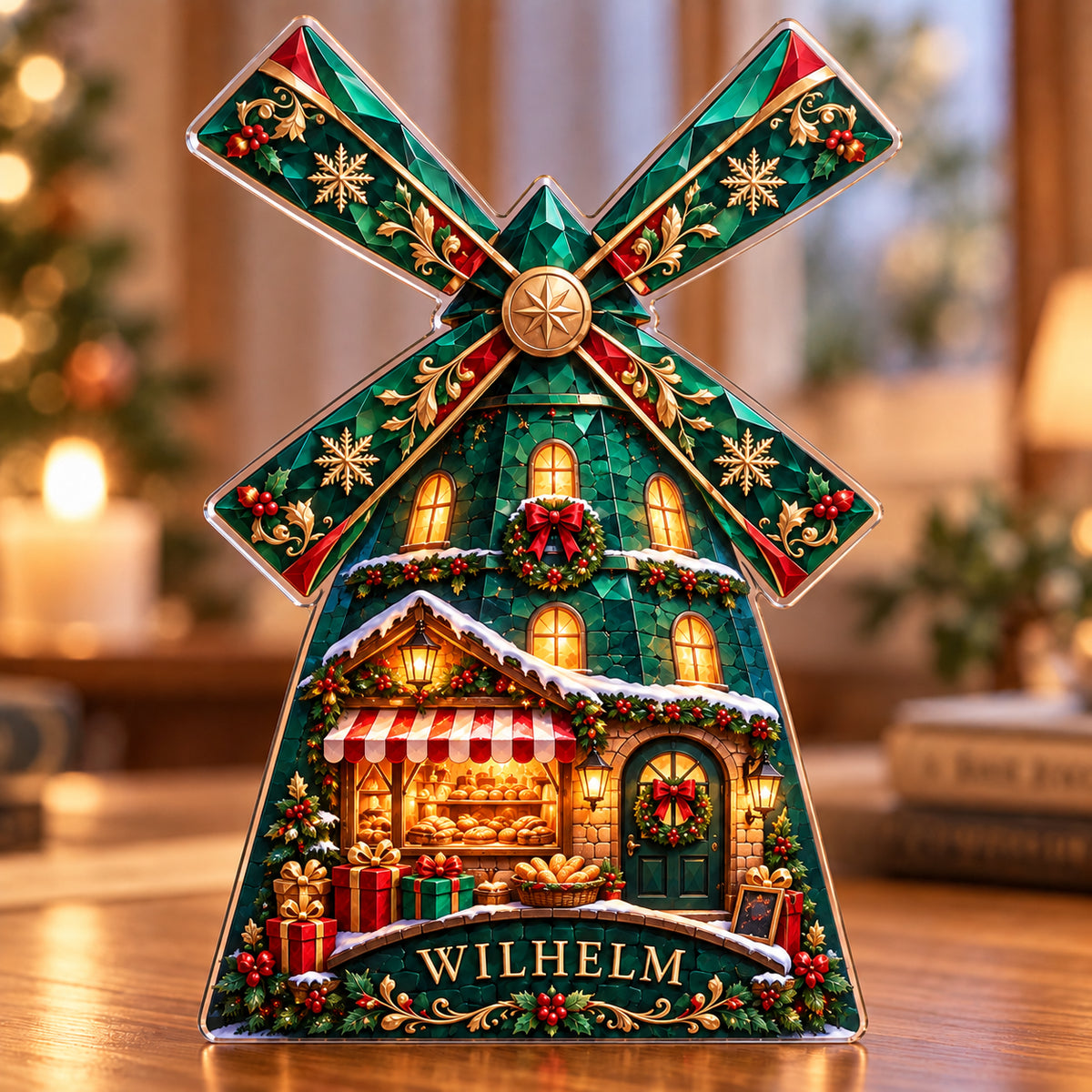 Front-view digital preview of a Christmas emerald windmill acrylic plaque with example name WILHELM integrated into the lowest intrinsic tower masonry