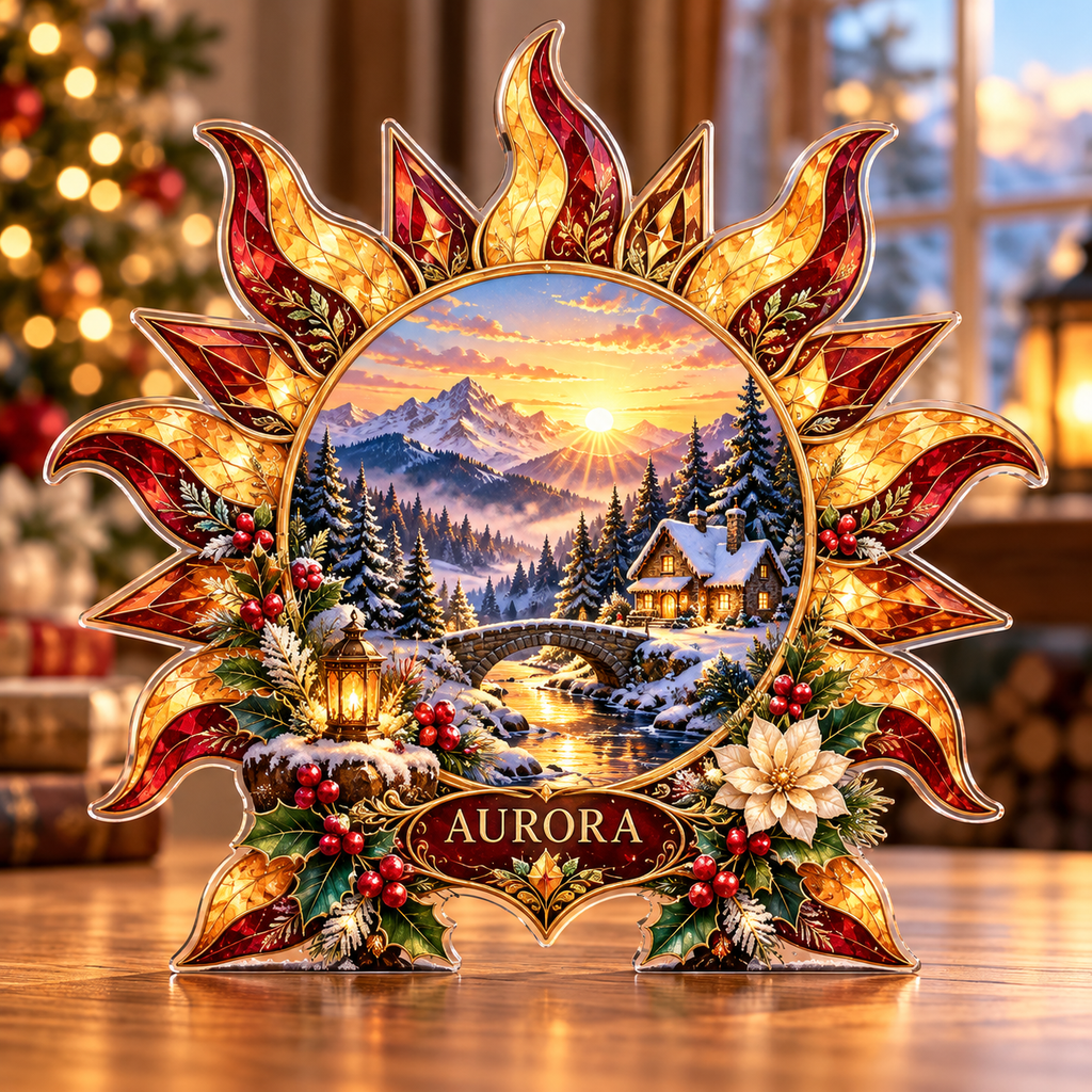 Front-view digital preview of a Christmas winter sun amber dawn acrylic plaque with example name Aurora integrated into the lower sun botanical detail