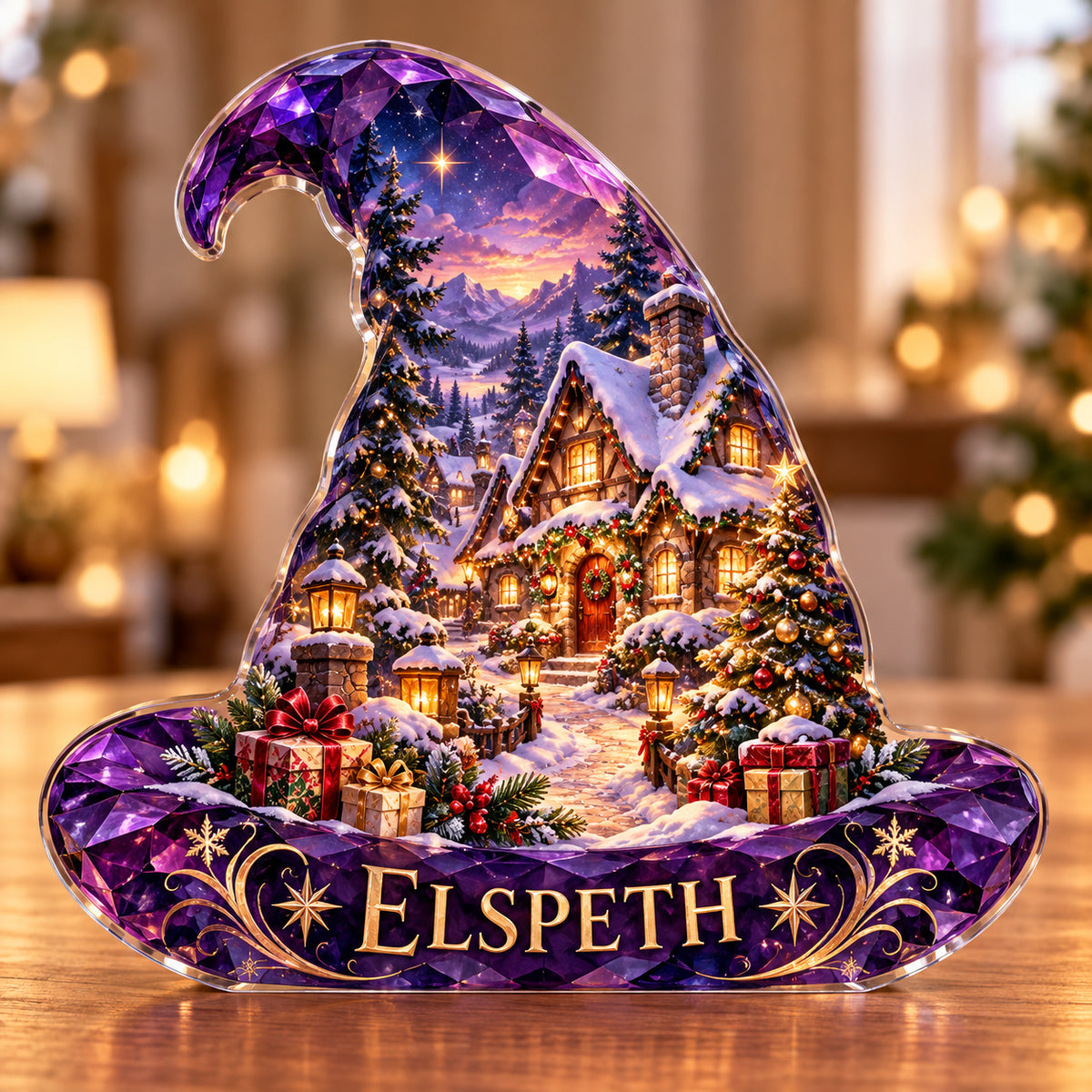 Front-view digital preview of a Christmas amethyst witch hat acrylic plaque with example name ELSPETH integrated into the lowest hat brim facets
