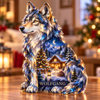 Front-view digital preview of a Christmas wolf sapphire moonlodge acrylic plaque with example name WOLFGANG integrated into the lower haunch fur facets