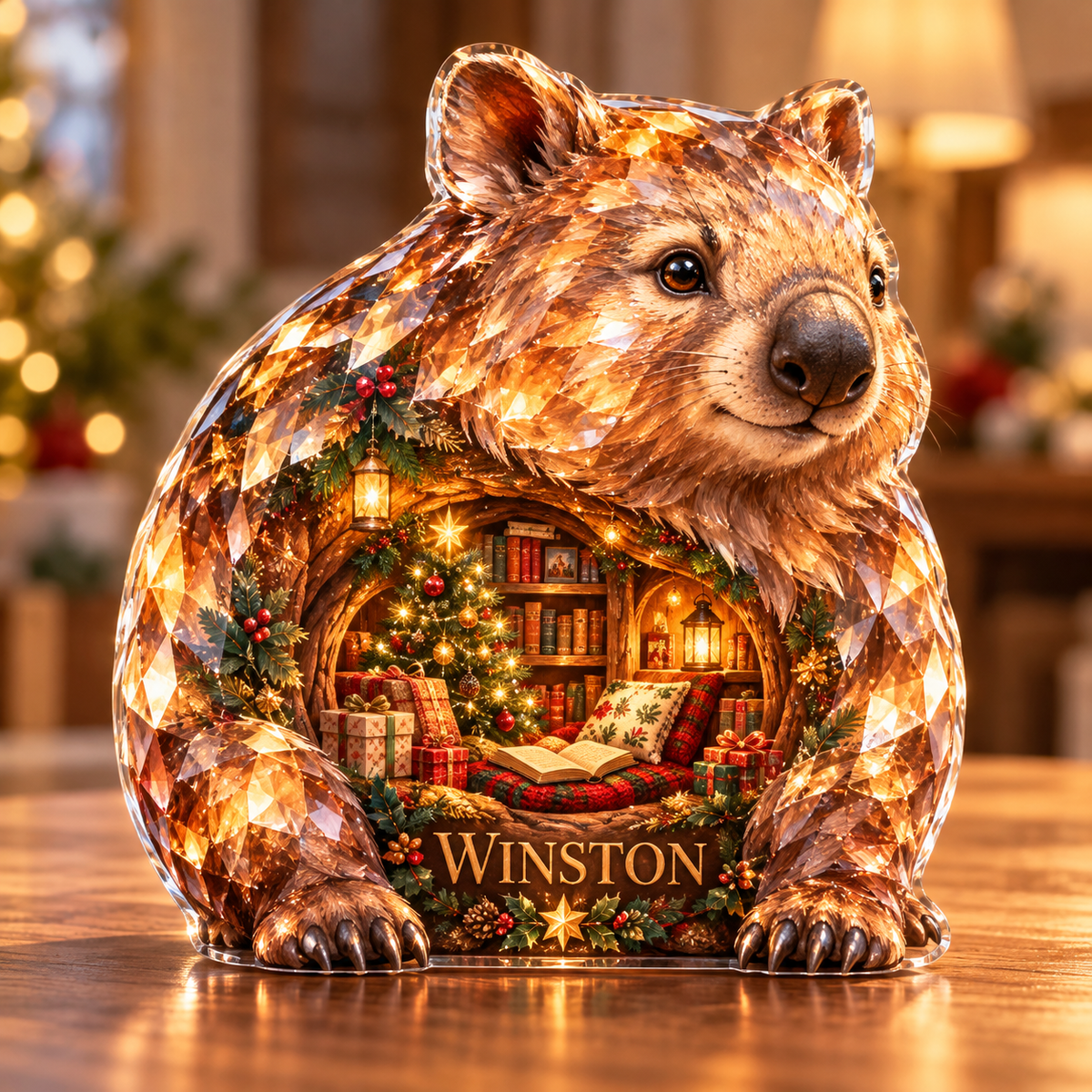Front-view digital preview of a Christmas wombat amber burrow acrylic plaque with example name WINSTON integrated into the lower belly fur detail