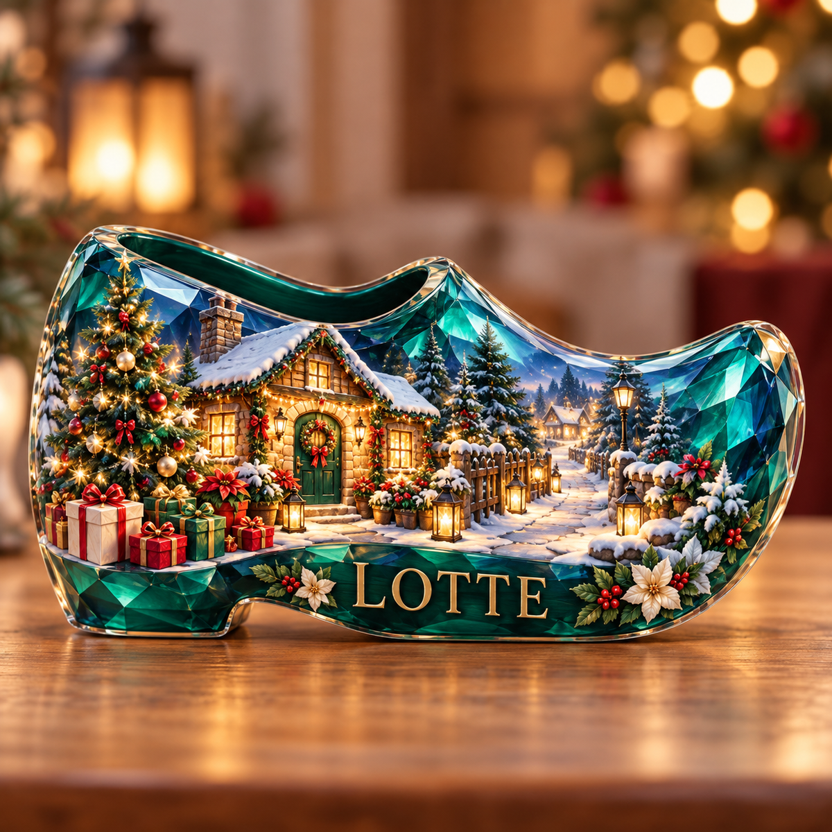 Front-view digital preview of a Christmas emerald wooden clog acrylic plaque with example name LOTTE integrated into the lowest shoe side facets