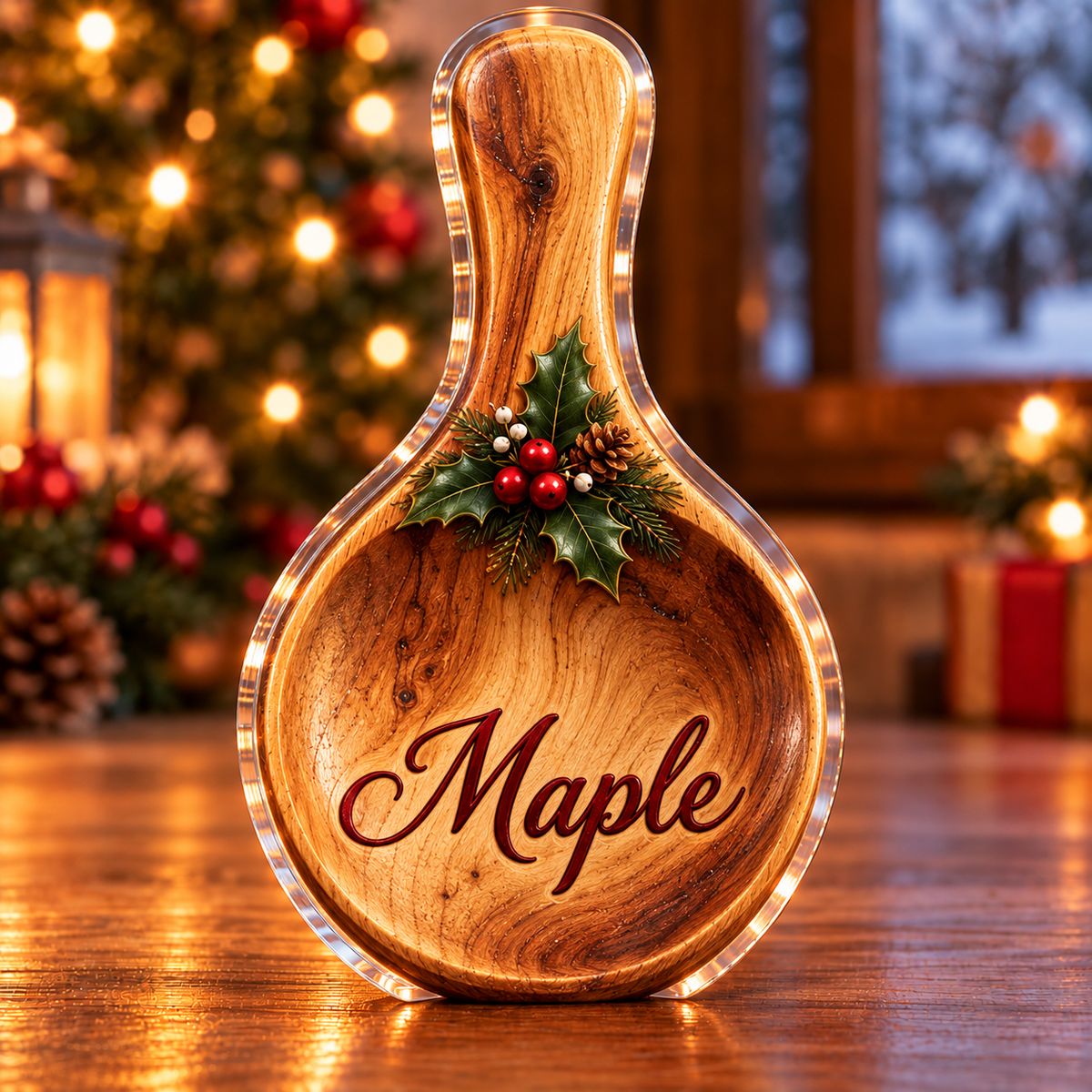 Front-view digital preview of a Christmas wood spoon memory acrylic plaque with example name Maple integrated into the the illustrated spoon bowl name detail