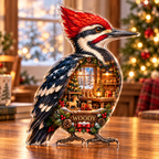 Front-view digital preview of a Christmas woodpecker ruby woodshop acrylic plaque with example name Woody integrated into the lower intrinsic woodpecker botanical detail