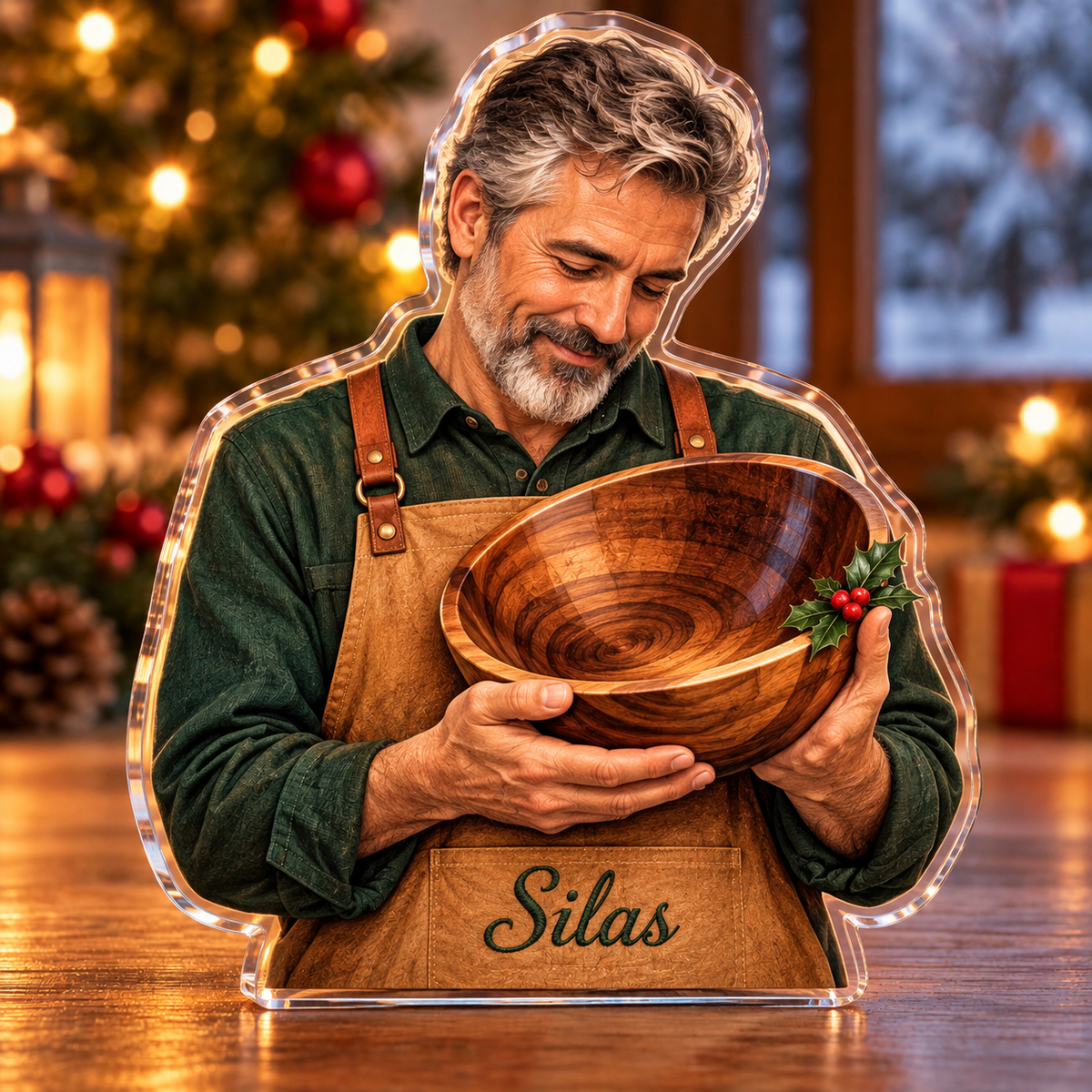 Front-view digital preview of a Christmas woodturner walnut bowl acrylic plaque with example name Silas integrated into the woodturner apron front name embroidery