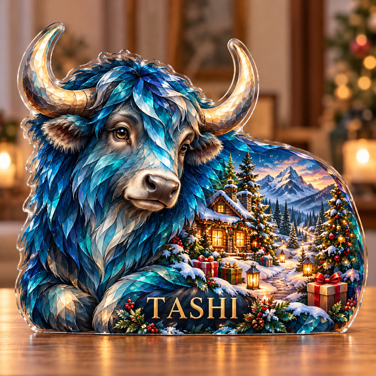 Front-view digital preview of a Christmas sapphire yak acrylic plaque with example name TASHI integrated into the lowest intrinsic flank facets