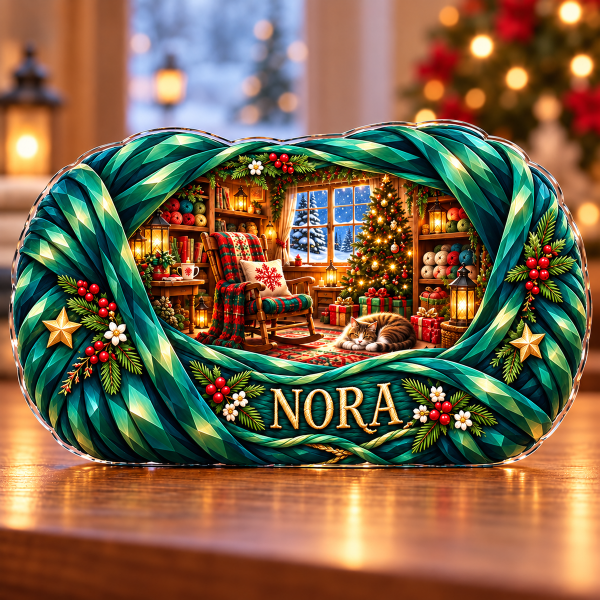 Front-view digital preview of a Christmas yarn skein emerald knitroom acrylic plaque with example name Nora integrated into the lower intrinsic yarn wrap detail