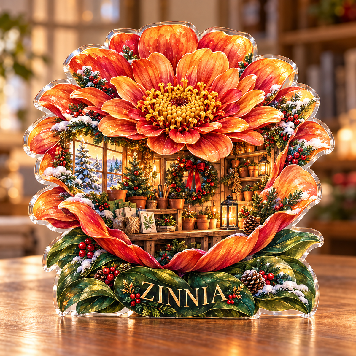 Front-view digital preview of a Christmas zinnia amber pottingroom acrylic plaque with example name ZINNIA integrated into the lower botanical facets
