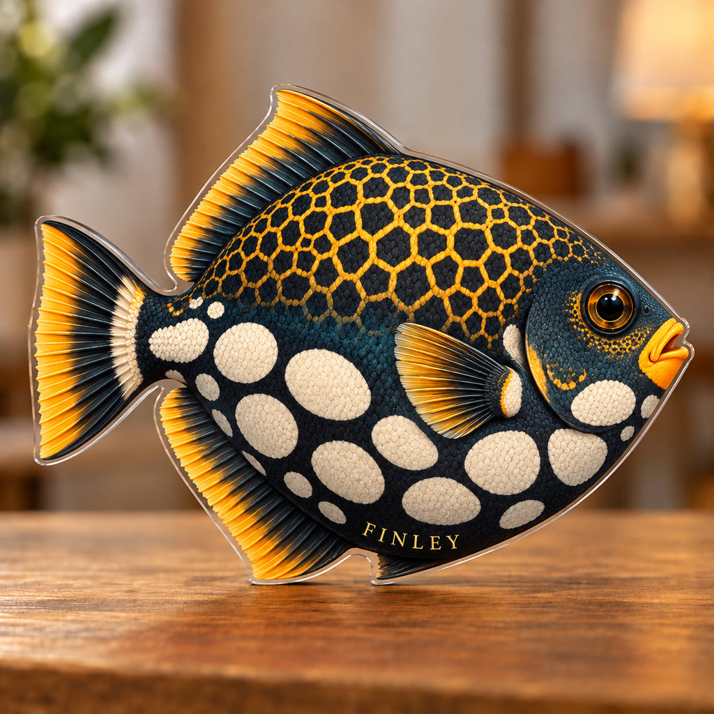 Digital preview of a clown triggerfish-shaped acrylic plaque with FINLEY integrated along its lowest illustrated body detail