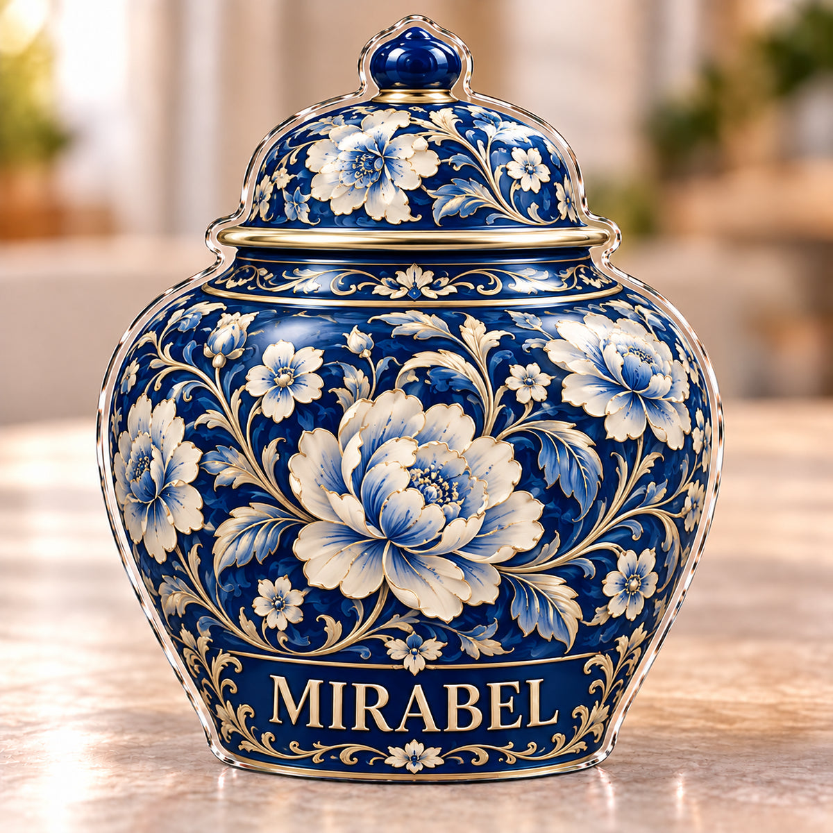 Front-view digital preview of a cobalt floral ginger jar subject-shaped acrylic plaque with MIRABEL printed on its lowest intrinsic illustrated jar body