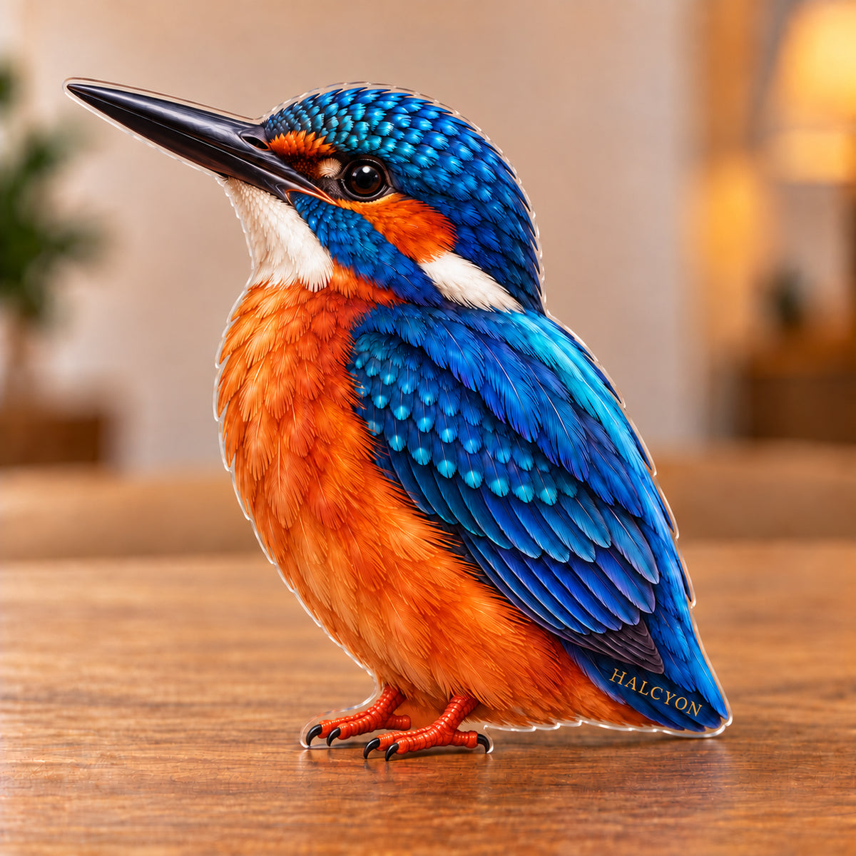 Digital preview of a common-kingfisher-shaped acrylic plaque with HALCYON integrated along its lowest illustrated tail-feather detail