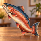 Digital preview of a salmon-shaped acrylic plaque with copper-colored scale artwork and RIVER on its lower illustrated belly