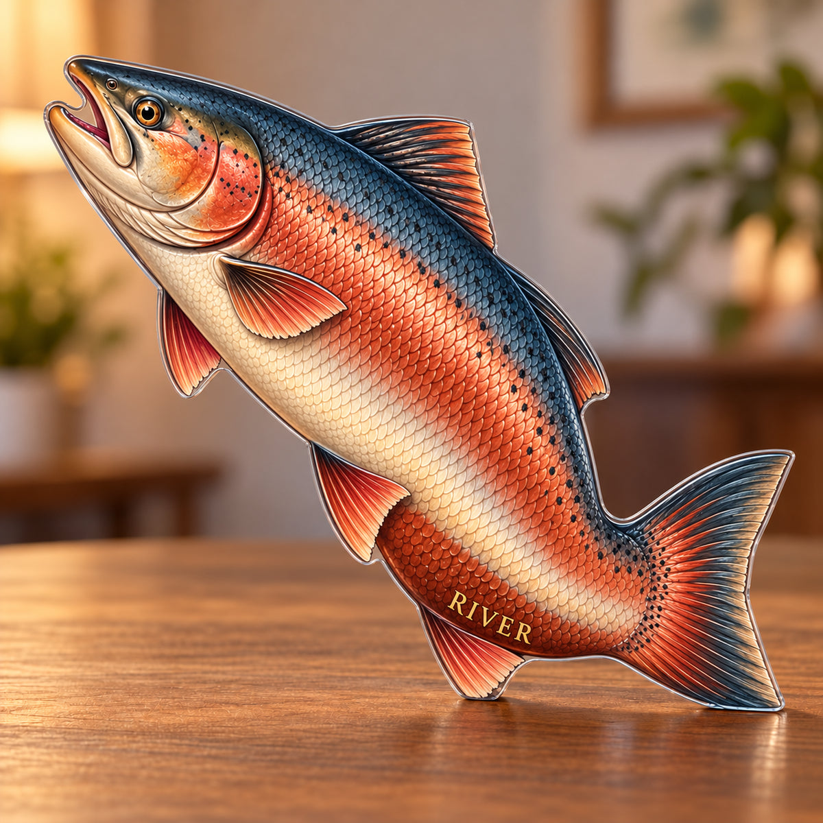 Digital preview of a salmon-shaped acrylic plaque with copper-colored scale artwork and RIVER on its lower illustrated belly