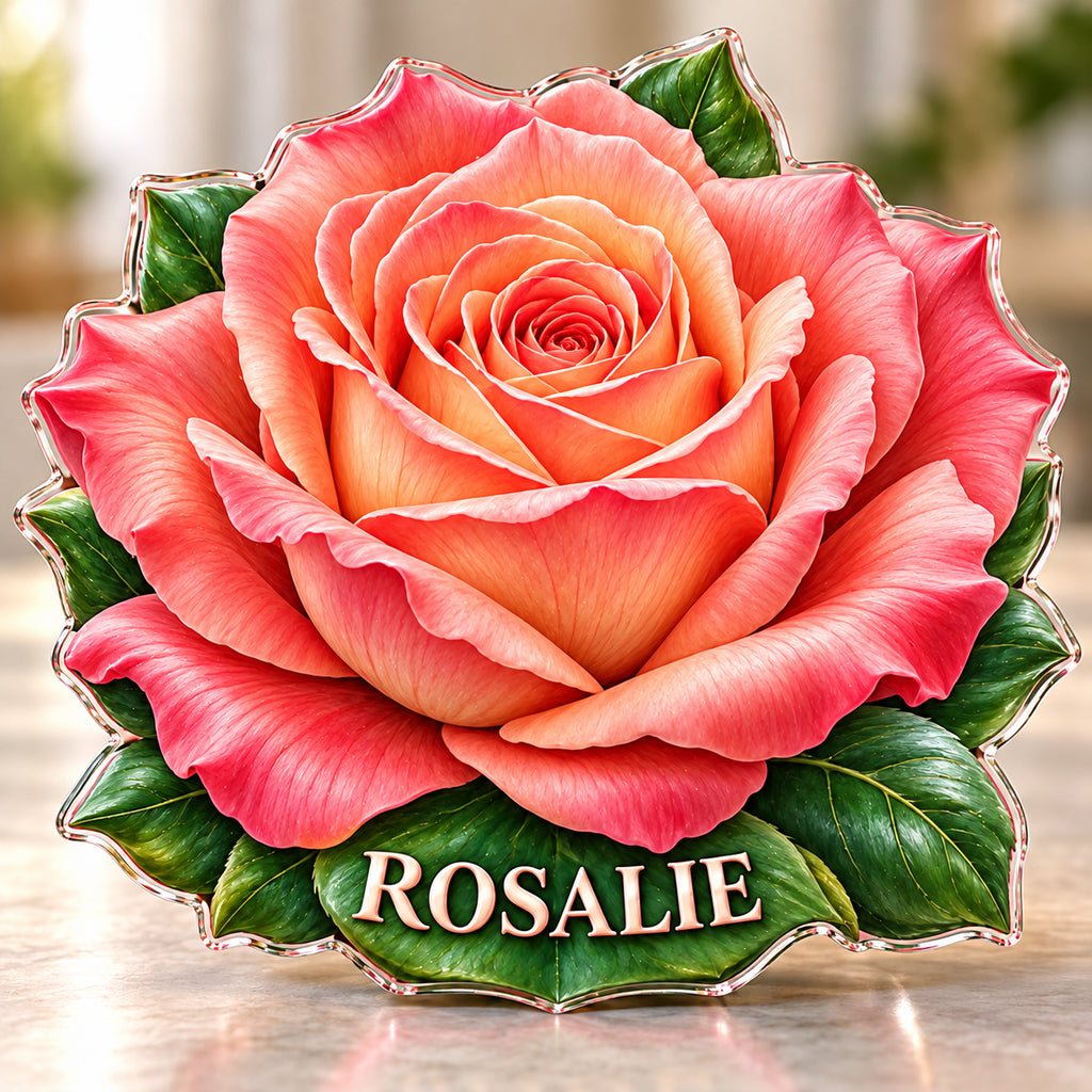 Front-view digital preview of a coral garden rose subject-shaped acrylic plaque with ROSALIE printed on its lowest intrinsic green leaf