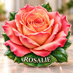 Front-view digital preview of a coral garden rose subject-shaped acrylic plaque with ROSALIE printed on its lowest intrinsic green leaf