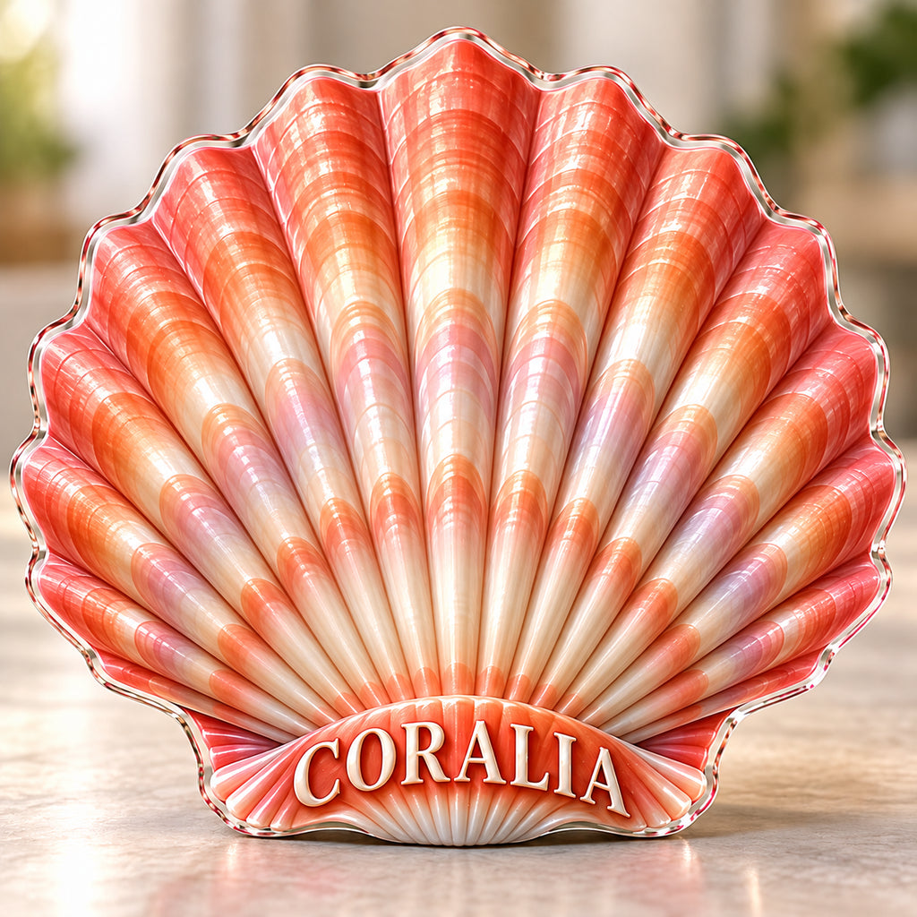 Front-view digital preview of a coral scallop shell subject-shaped acrylic plaque with CORALIA printed on its lowest intrinsic illustrated shell hinge