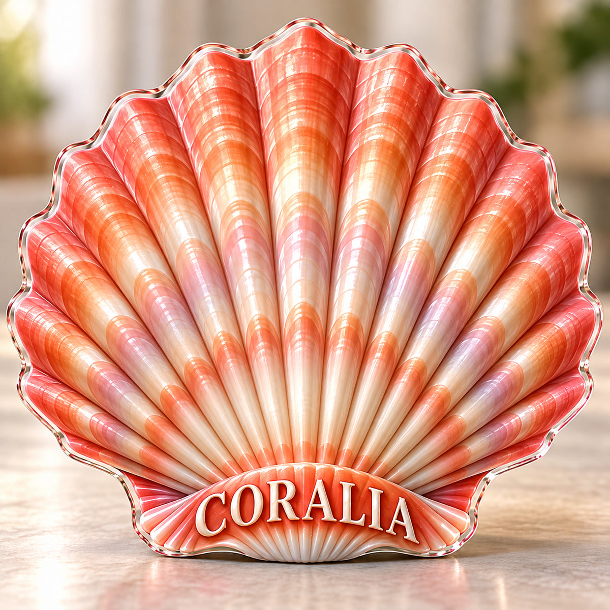 Front-view digital preview of a coral scallop shell subject-shaped acrylic plaque with CORALIA printed on its lowest intrinsic illustrated shell hinge