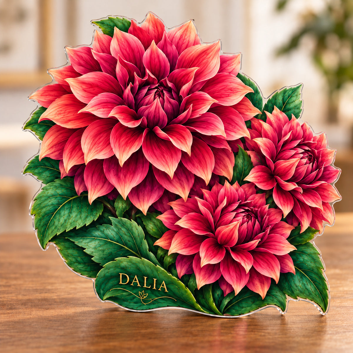 Digital preview of a dahlia-shaped acrylic plaque with DALIA integrated along its lowest illustrated emerald leaf