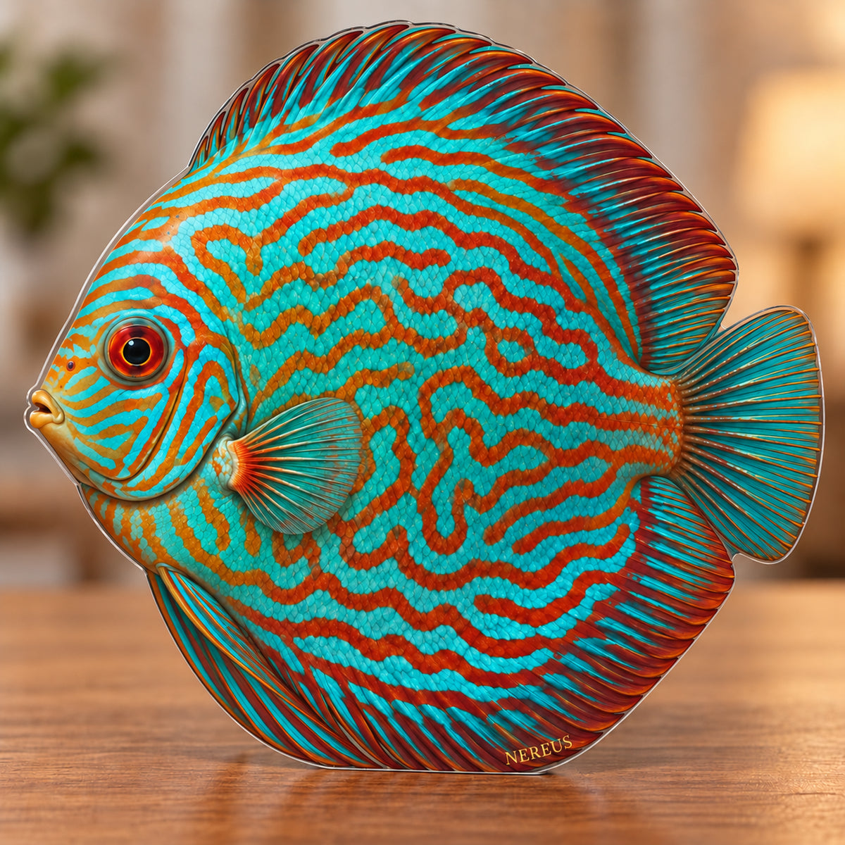 Digital preview of a turquoise-and-copper discus-fish-shaped acrylic plaque with NEREUS integrated along its lowest illustrated fin