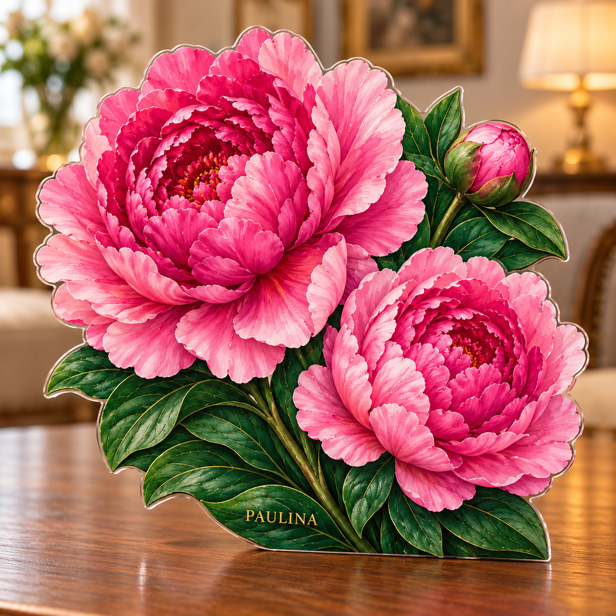 Digital preview of a pink double-peony-shaped acrylic plaque with PAULINA integrated along its lowest illustrated leaf