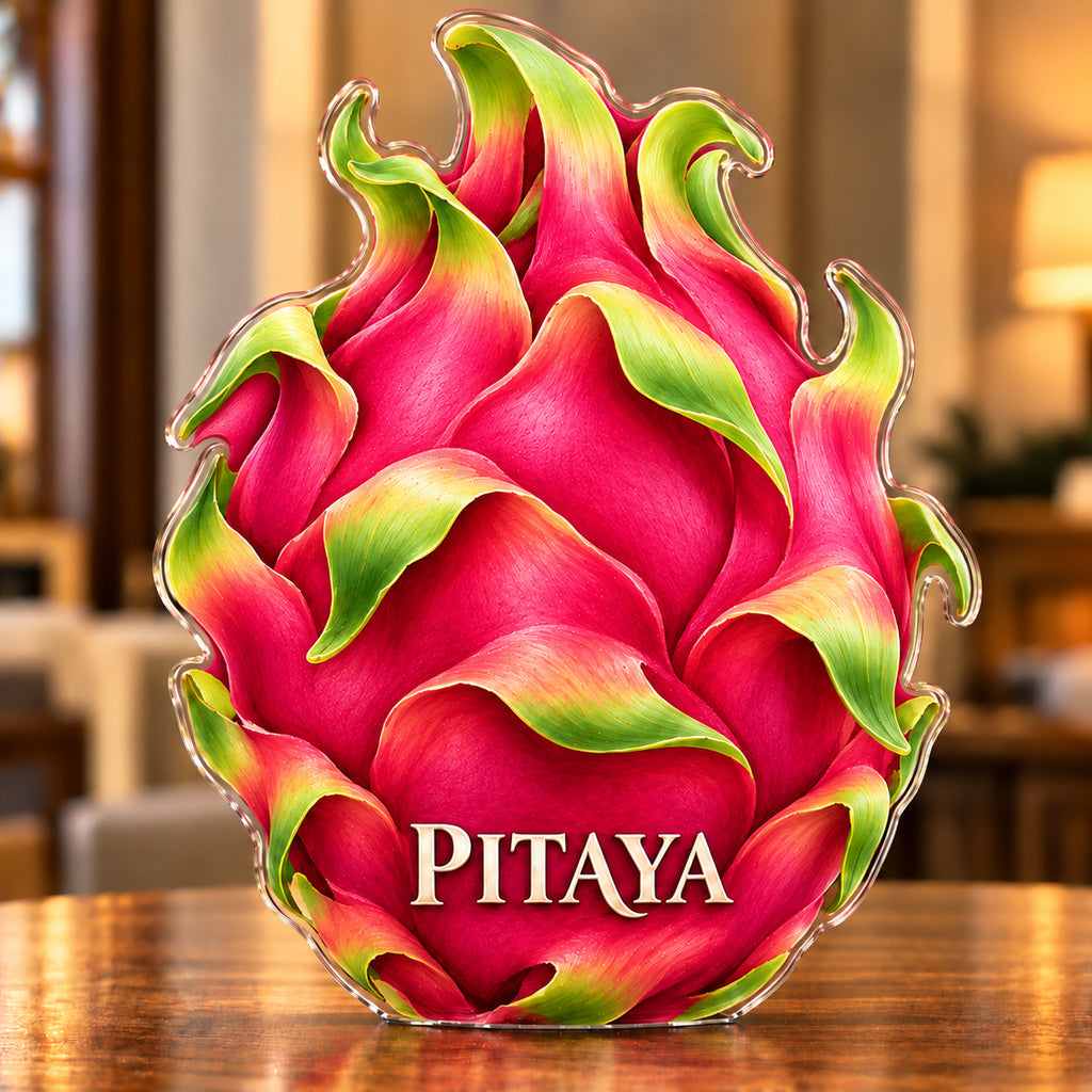 Front-view digital preview of a magenta dragon fruit subject-shaped acrylic plaque with PITAYA printed on its lowest fruit skin