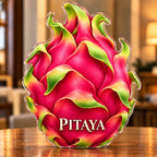 Front-view digital preview of a magenta dragon fruit subject-shaped acrylic plaque with PITAYA printed on its lowest fruit skin
