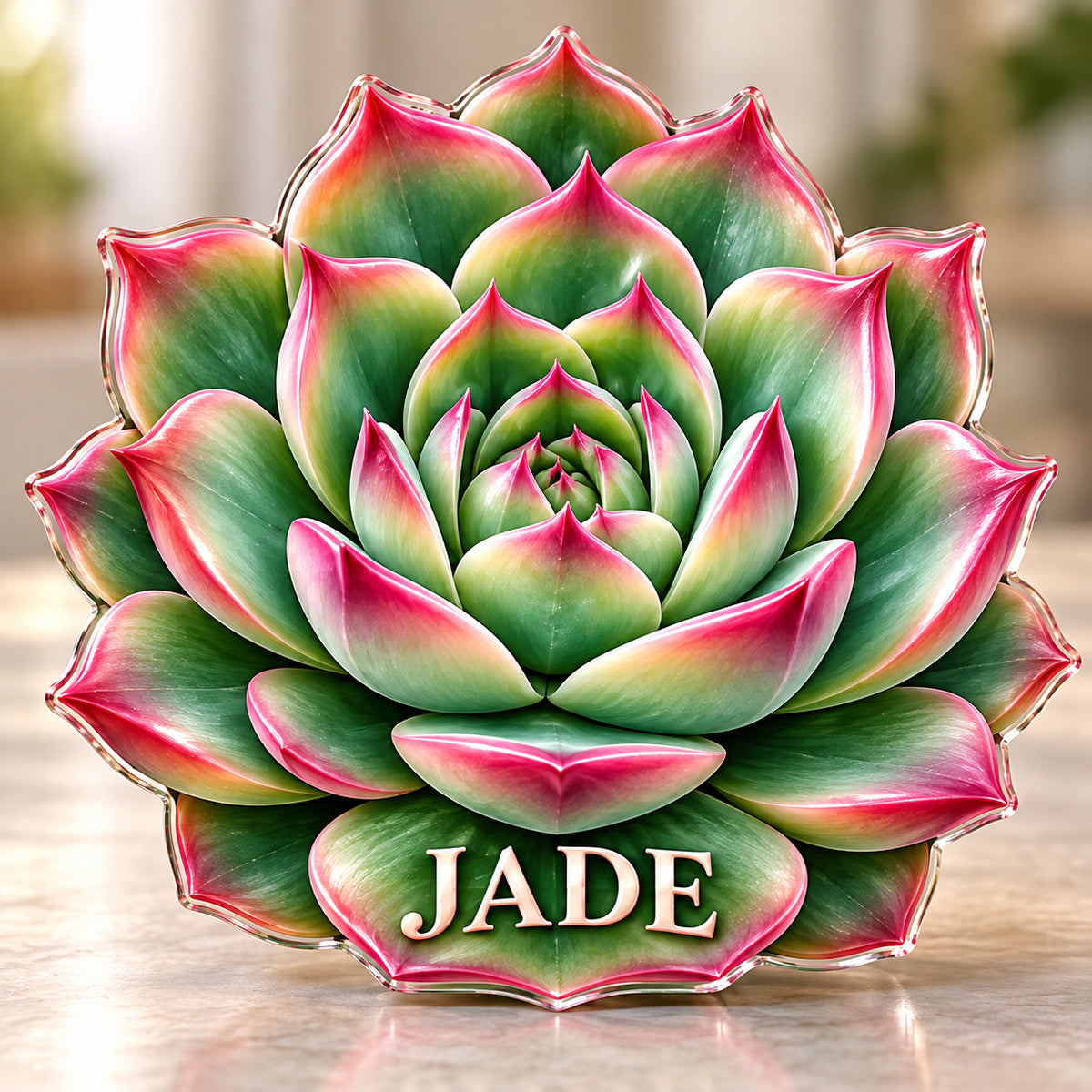 Front-view digital preview of a pink edged echeveria subject-shaped acrylic plaque with JADE printed on its lowest intrinsic succulent leaf