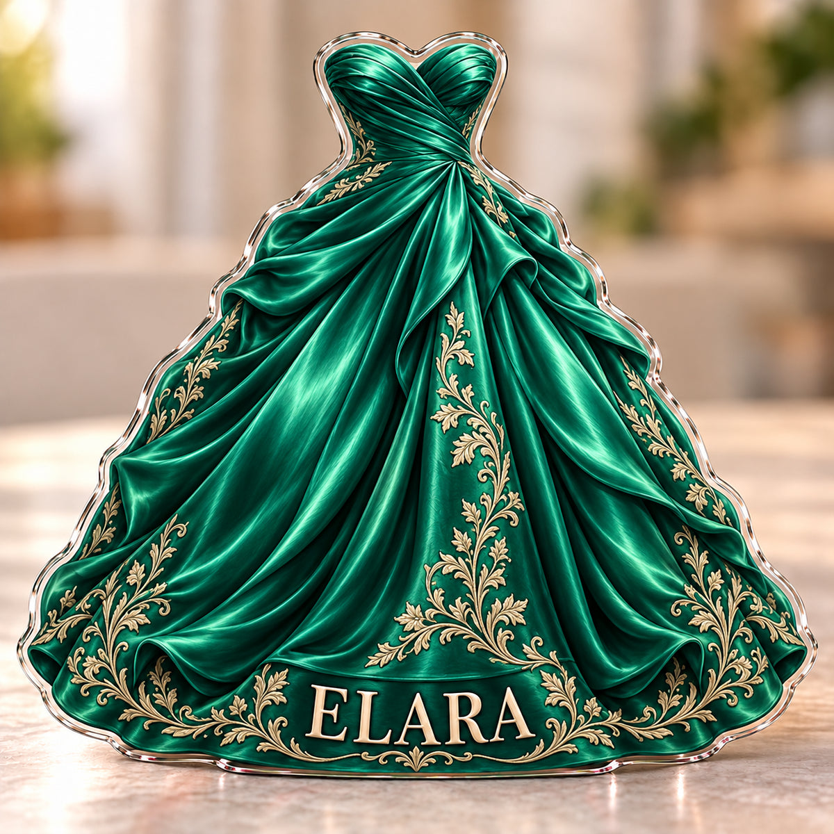 Front-view digital preview of a emerald ball gown subject-shaped acrylic plaque with ELARA printed on its lowest intrinsic illustrated skirt hem