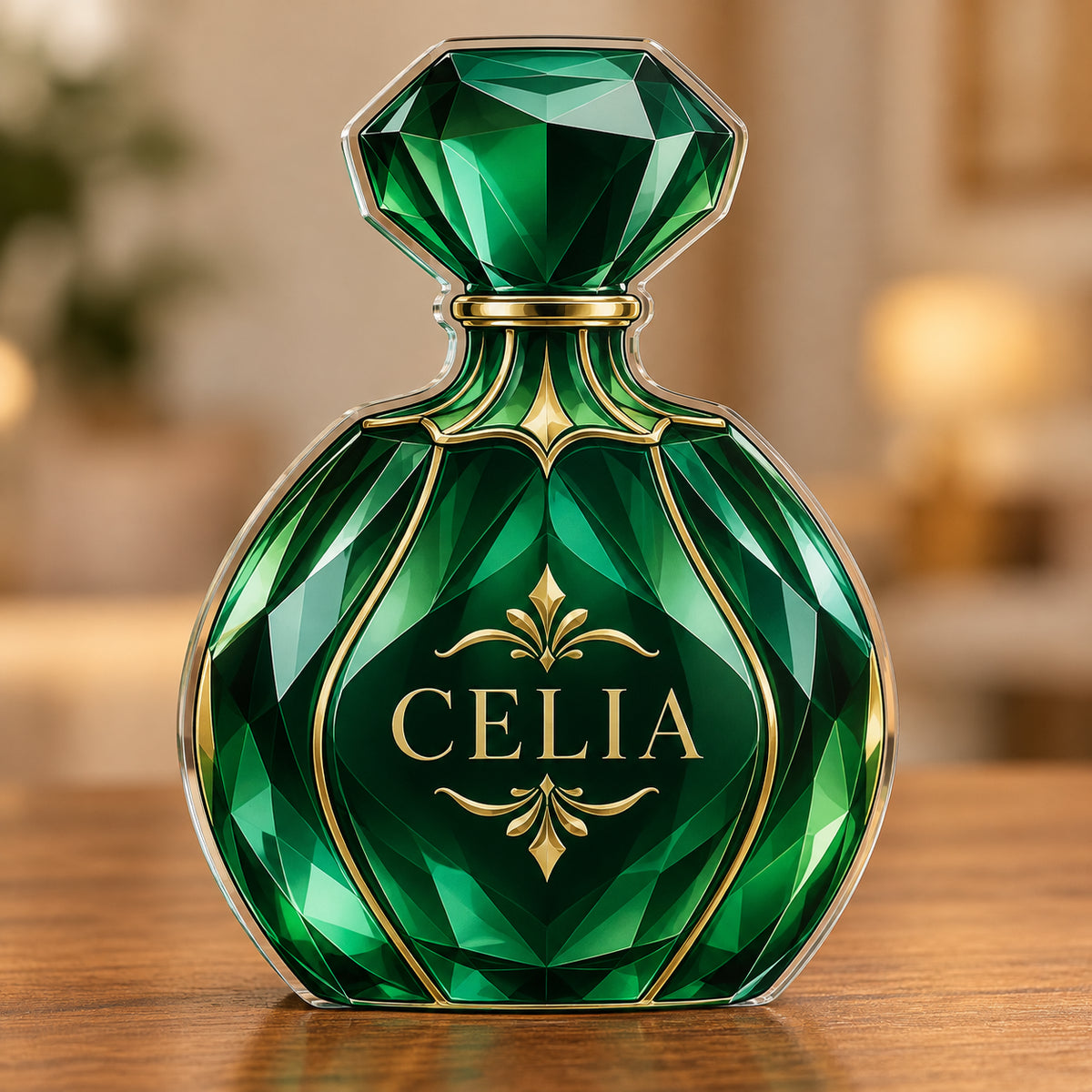 Digital preview of an emerald perfume-bottle-shaped solid acrylic plaque with CELIA on the lower illustrated bottle body
