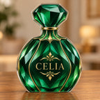 Digital preview of an emerald perfume-bottle-shaped solid acrylic plaque with CELIA on the lower illustrated bottle body